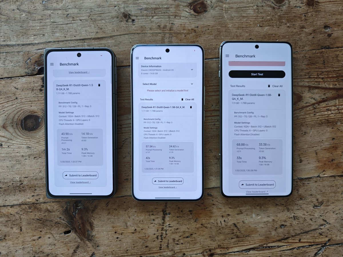 mweinbach's tweet image. I think running llms on the CPU is actually a really good way to look at year-over-year performance gains on a CPU 

So here is @Snapdragon 8 gen 2, 8 gen 3, and 8 Elite running R1 Distill Qwen 1.5B in the PocketPal AI benchmark

8G2: 14.18 t/s
8G3: 24.62 t/s
8 Elite: 33.58 t/s