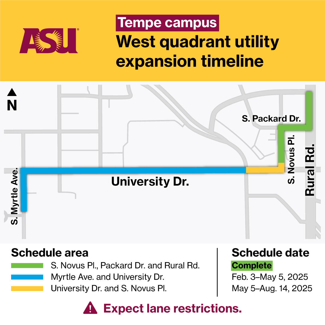Parking and Transportation (@asutransit) on Twitter photo 🚧 #SunDevils: University Dr. roadwork begins Monday, Feb. 3 on the #Tempe campus. It will last several months.
Expect lane restrictions and increased traffic congestion. ⚠️ 🚗 🚌
More info ➡️ ow.ly/wl2K50UQuOc
<a href="/ASU/">Arizona State University</a> <a href="/Tempegov/">City of Tempe, AZ</a> <a href="/GoASUFam/">ASU Family</a> <a href="/ASUStaffCouncil/">ASU Staff Council</a> <a href="/ASUPolice/">Arizona State University Police Department</a> #ASU 🚧 #SunDevils: University Dr. roadwork begins Monday, Feb. 3 on the #Tempe campus. It will last several months.
Expect lane restrictions and increased traffic congestion. ⚠️ 🚗 🚌
More info ➡️ ow.ly/wl2K50UQuOc
<a href="/ASU/">Arizona State University</a> <a href="/Tempegov/">City of Tempe, AZ</a> <a href="/GoASUFam/">ASU Family</a> <a href="/ASUStaffCouncil/">ASU Staff Council</a> <a href="/ASUPolice/">Arizona State University Police Department</a> #ASU