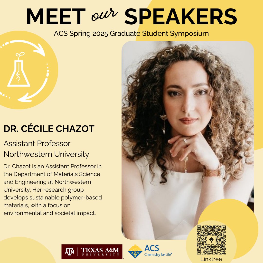 tamugsspc's tweet image. We are honored to host Dr. C茅cile Chazot at our upcoming symposium!
Stay tuned to meet more of our speakers! #acs #gsspc #tamuchemistry