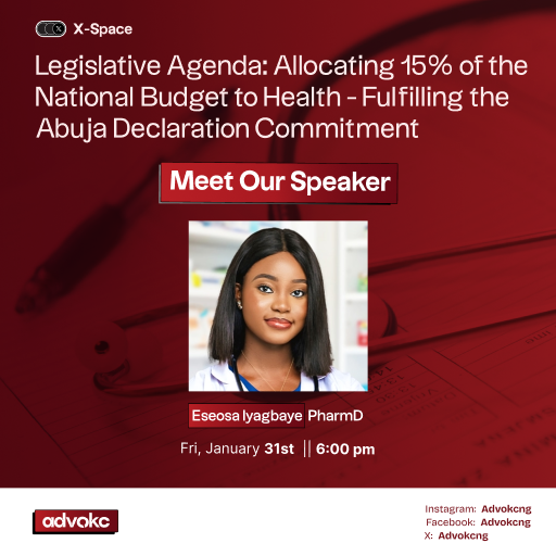 weareadvoKCng's tweet photo. Meet our speaker Eseosa Iyagbaye

@esse_fayv is a passionate pharmacist, and public health leader, dedicated to tackling healthcare challenges and inequities in Africa. 

As the founder of Chronic Disease Mate for Africa, she works tirelessly to combat chronic diseases in low-income regions through support, collaboration, innovation and advocacy. She is an alumna of AstraZeneca's Young Health Programme (YHP) and One Young World Ambassador driven to create sustainable solutions that address the complex health challenges facing African communities, particularly on chronic/complex diseases. 

Join her tomorrow in our space as she speaks  on "Legislative Agenda: Allocating 15% of the National Budget to Health..."

🗓️ Date: Friday, January 31, 2025
⏰ Time: 6 PM (WAT)

Set a Reminder: https://t.co/MB5Yv8miGX