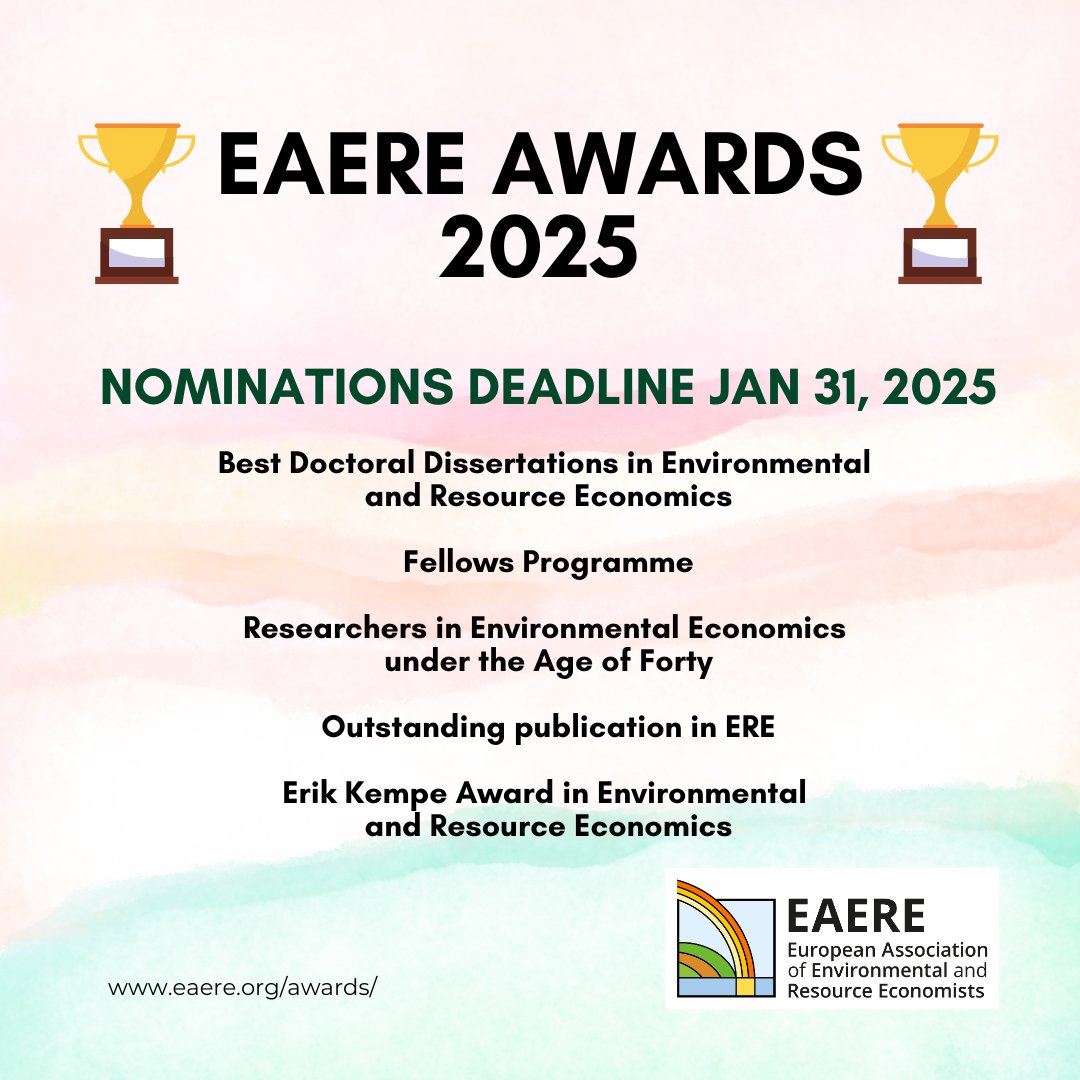 EAERE (@eaere_envecon) on Twitter photo ๐ There is still time to send your nominations for the #EAEREAwards2025!
Nominate researchers, papers and academic achievements in the field of Environmental and Resource Economics by 31 JAN 2025โ
๐ eaere.org/awards/ ๐ There is still time to send your nominations for the #EAEREAwards2025!
Nominate researchers, papers and academic achievements in the field of Environmental and Resource Economics by 31 JAN 2025โ
๐ eaere.org/awards/