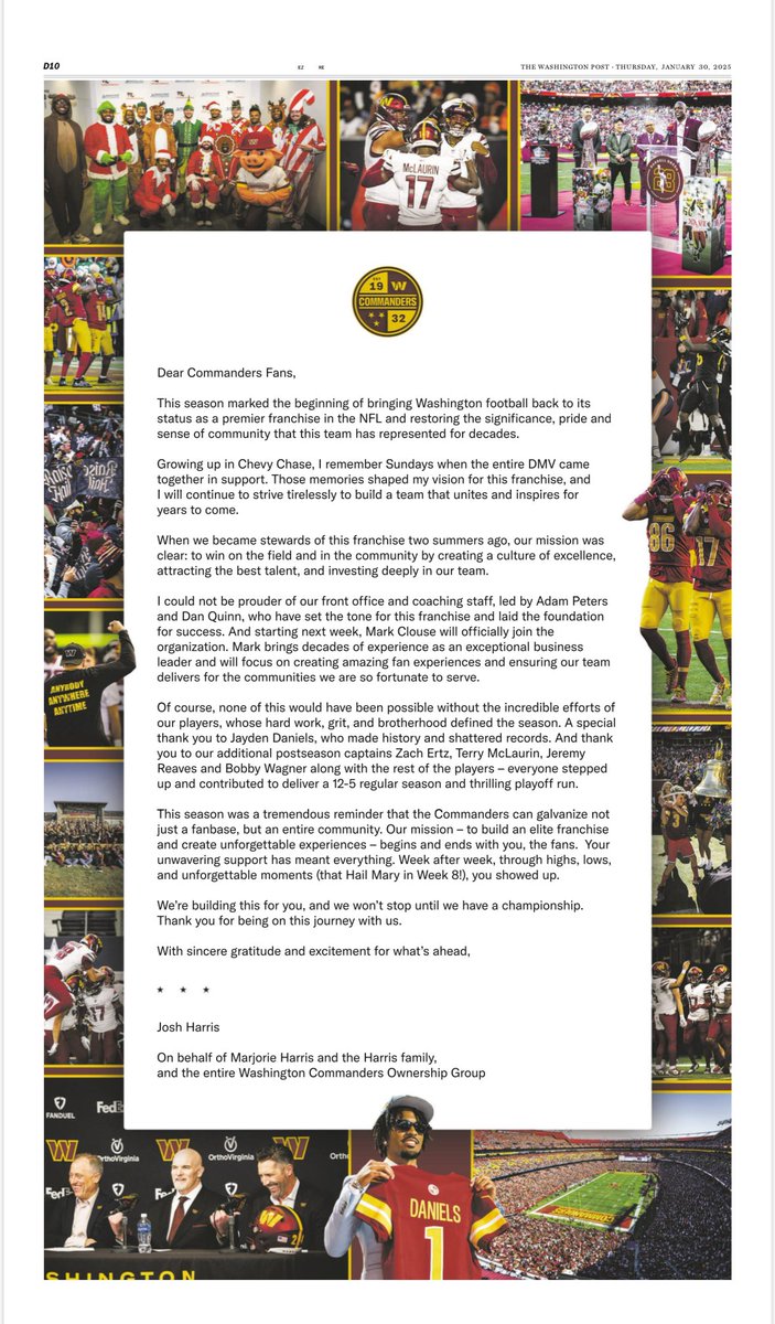 Nicki Jhabvala (@nickijhabvala) on Twitter photo Commanders owner Josh Harris took out a full page in today’s <a href="/washingtonpost/">The Washington Post</a> to write a letter to fans.
“We won’t stop until we have a championship.” Commanders owner Josh Harris took out a full page in today’s <a href="/washingtonpost/">The Washington Post</a> to write a letter to fans.
“We won’t stop until we have a championship.”