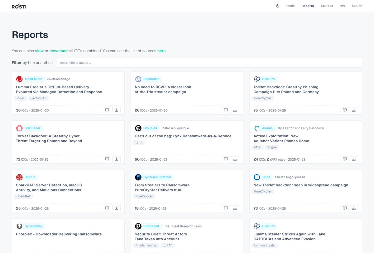 Today, I'm releasing the first version of a small web 🚀:  rosti.bin.re

It provides IOCs and YARA rules collected semi-automatically from public blog posts and reports of almost 200 cybersecurity sites.

I hope it proves useful to some of you ...  🙏✨ #ThreatIntel
