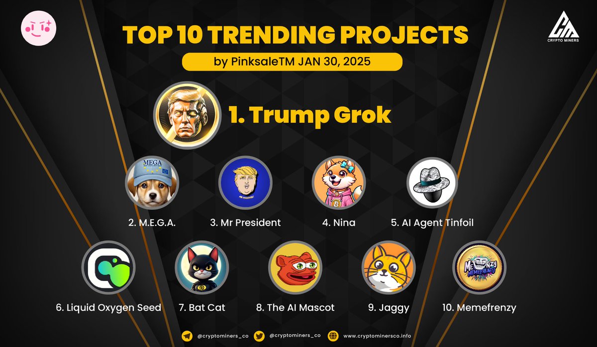 🏆 TOP 10 TRENDING PROJECTS on #PinkSale

🥇 $TRUMPGROK - @TrumpGrok
🥈 $MEGA - @megapolofc
🥉 $President - @mrtrumponeth
4️⃣ $NINA - <a href="/ninaecosystem/">NINA</a>
5⃣ $TINFOIL - <a href="/Agent_Tinfoil/">Agent Tinfoil</a>
6⃣ $LOX - @liftoffmonster
7️⃣ $BatCat - <a href="/bat_catOfficial/">Bat Cat 🦇</a>
8️⃣ $MINTO - <a href="/MintoMascot/">MINTO - The AI Mascot</a>
9️⃣ $JAGGY -