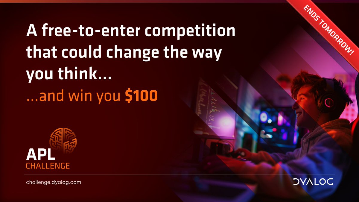 dyalogapl's tweet photo. Learn APL and compete for one of three $100 prizes! Don't forget to submit your solutions for the 2024.4 round of the APL Challenge β the deadline is tomorrow (31 January). See https://t.co/j9BNuZT8U0 for more information and to enter. #aplchallenge #apl #dyalog #learnapl https://t.co/AzCAtkHu7C