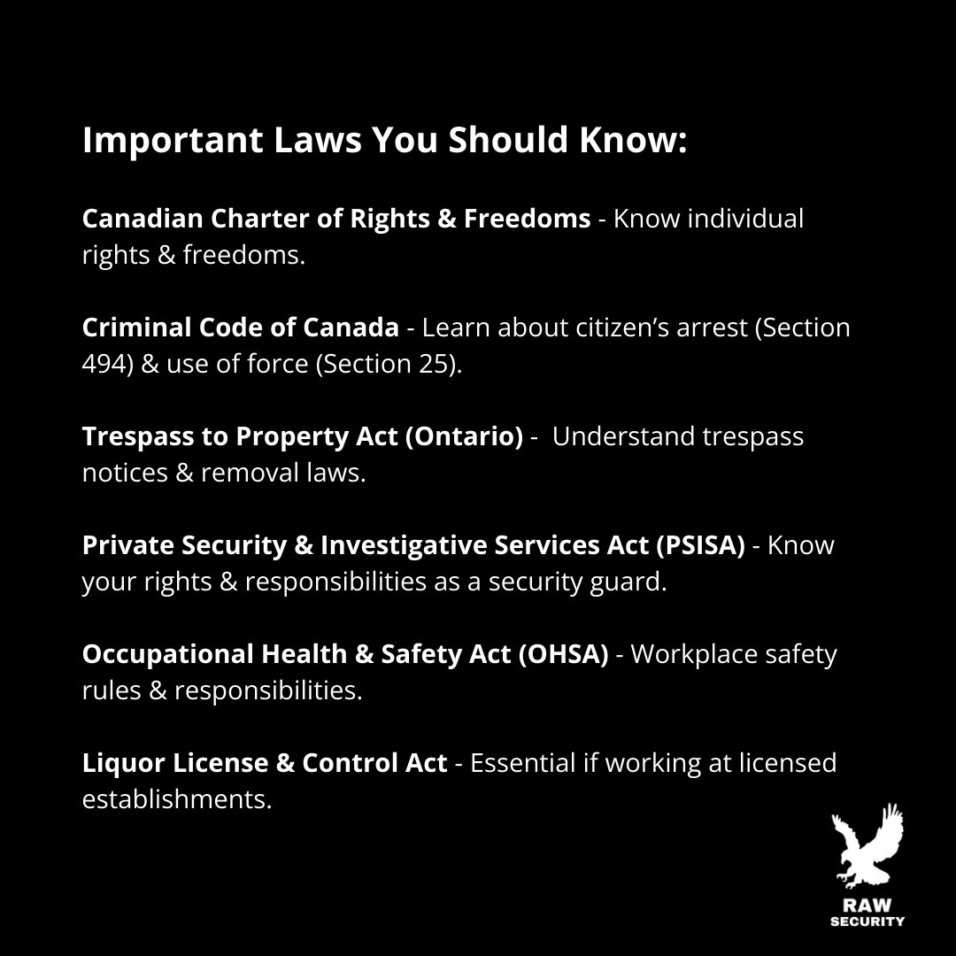 irawsecurity's tweet image. 🚨 Security Guard Interview Tips! 🚨

✅ Know the laws: Charter, Criminal Code (Sec 494), Trespass Act, PSISA
✅ Dress professionally &amp;amp; be on time ⏰👔
✅ Show confidence &amp;amp; problem-solving skills 💡

🚨 We’re Hiring! Apply now! 📩

#RawSecurity #SecurityJobs #NowHiring