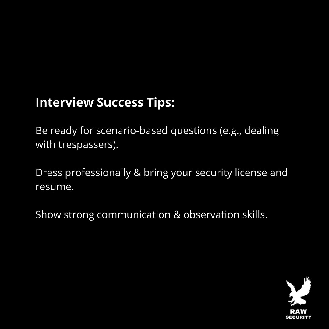 irawsecurity's tweet image. 🚨 Security Guard Interview Tips! 🚨

✅ Know the laws: Charter, Criminal Code (Sec 494), Trespass Act, PSISA
✅ Dress professionally &amp;amp; be on time ⏰👔
✅ Show confidence &amp;amp; problem-solving skills 💡

🚨 We’re Hiring! Apply now! 📩

#RawSecurity #SecurityJobs #NowHiring