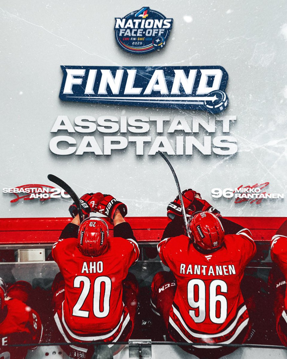 Canes's tweet photo. Finntastic leaders 👏

Sebastian Aho and Mikko Rantanen have been named Assistant Captains for Team Finland at #4Nations 

Details » https://t.co/1LDy7gNVZF https://t.co/IgqiCP7C5s
