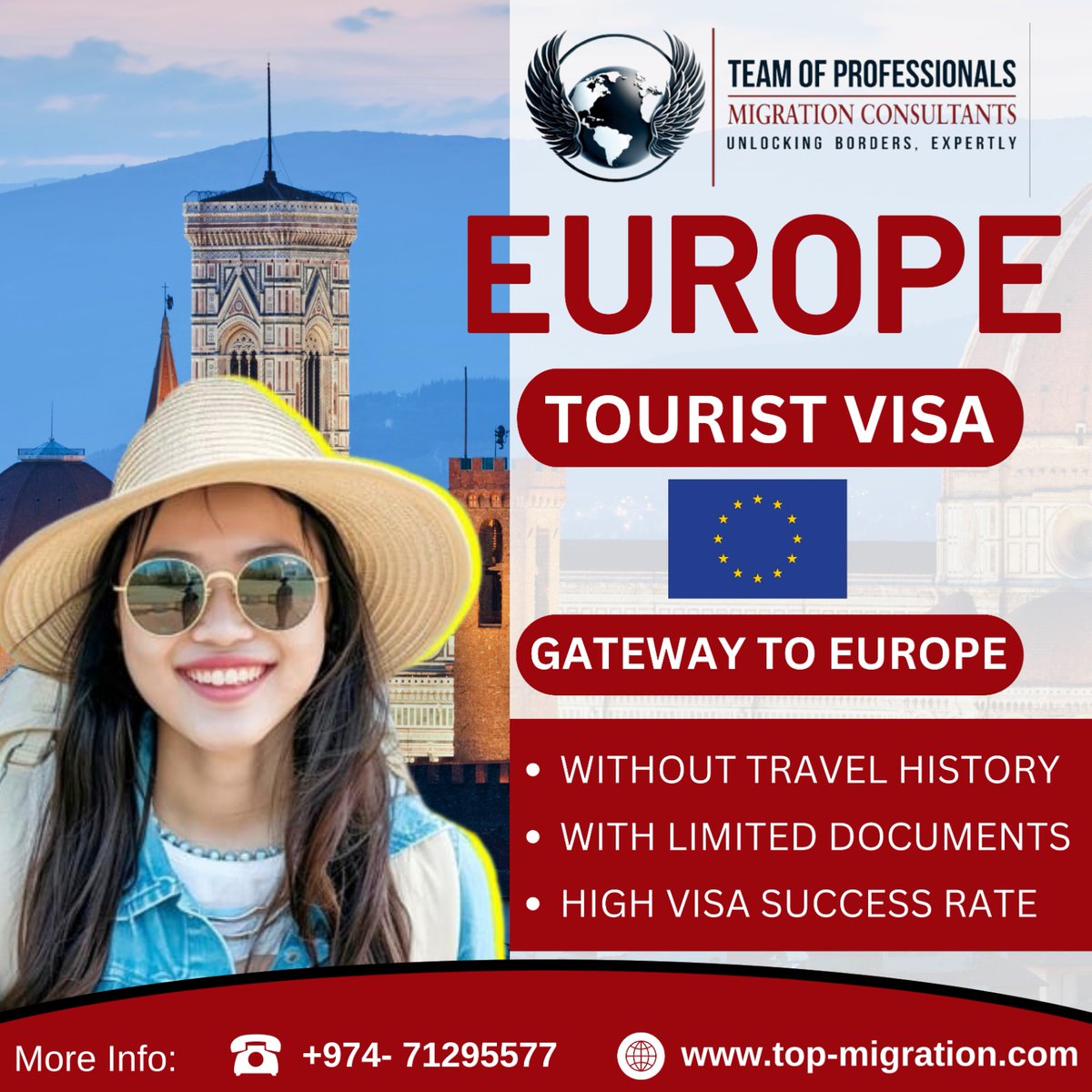 topmconsultants's tweet image. 🌍 Your Gateway to Europe Awaits!

✈️ Get Your Europe Tourist Visa with Ease!
✅ No Travel History Required
✅ Minimal Documentation
✅ High Visa Success Rate

📞 Call Now: +974-71295577
🌐 Visit Us: top-migration.com

#EuropeTouristVisa #TopMigration #VisaMadeEasy #Trave