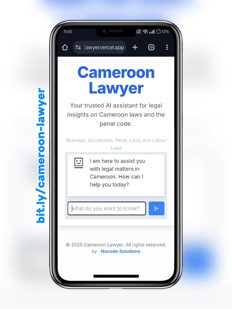 The average #Cameroonian youth doesn't believe in the law. 
From bad experiences and discrimination by law enforcement officers. With the help of Abongwa Law firm, I made this #AI assistant to answer and provide you with legal insights #law
Try for FREE
 bit.ly/cameroon-lawyer