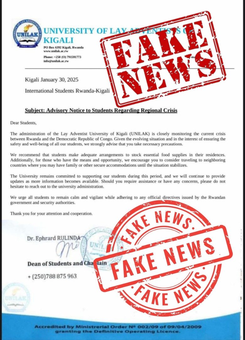unilak_rwanda's tweet photo. This is to inform all @unilak_rwanda students that the circulating information is fake. Please rely only on official university channels for accurate updates. https://t.co/5xl0jqTFMv