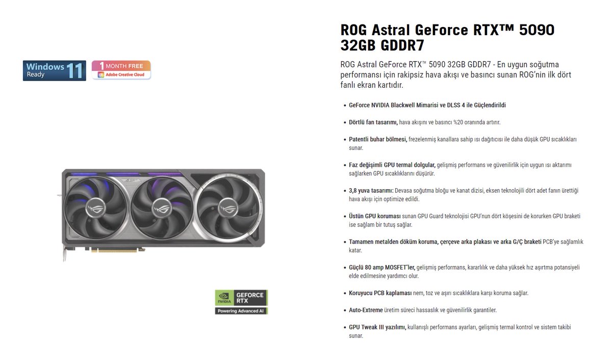 soyluoltu's tweet photo. ASUS Astral RTX 5090 nın fiyatı Çeyrek milyon mu olur acaba? mesela 249000₺ gibi bir fiyat beklenir mi? #Asus #RTX5090 https://t.co/ymjmZyBsly