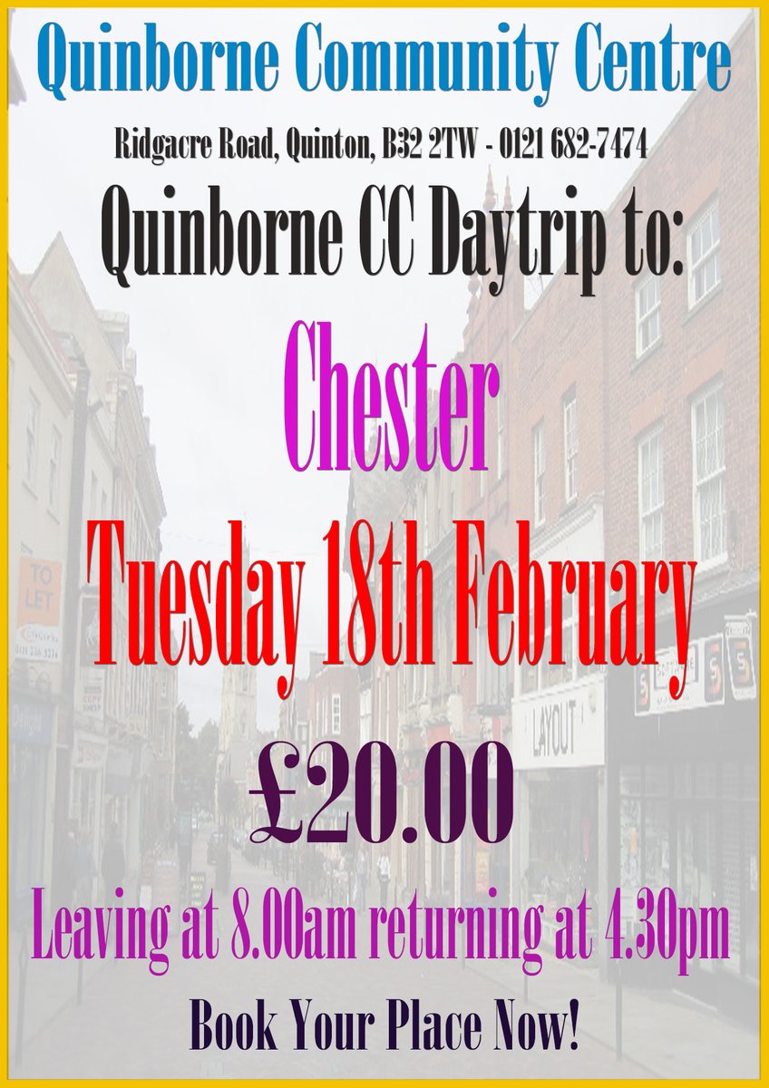We are currently taking bookings for our 1st day trip of the year to Chester.

The trip takes place on Tuesday 18th February with a start time of 8.00am from the centre.

For more information please pop in and see us or give us a call on 0121 682-7474.

Over 18's Only.