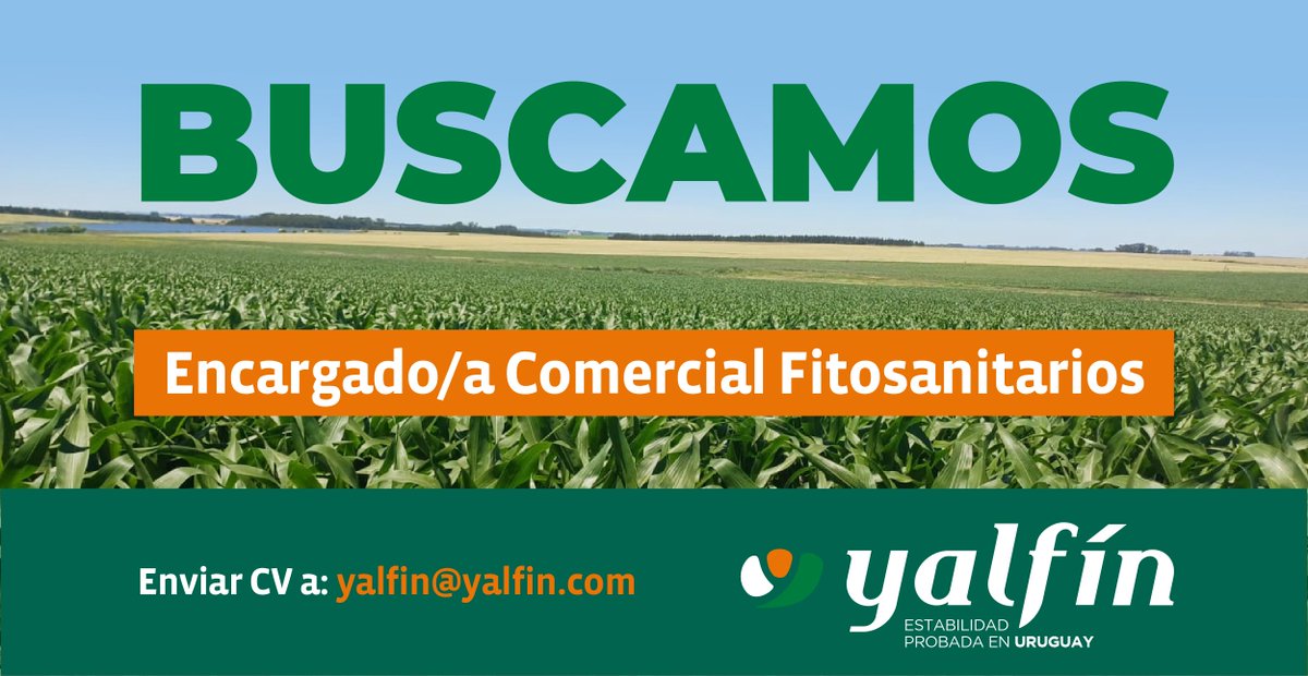 🔍 ¿Buscás nuevas oportunidades laborales?
En Yalfín, buscamos un/a Encargado/a Comercial para el área de Fitosantiarios. 
Si tenés experiencia en el sector y querés formar parte de un equipo dinámico, ¡envianos tu CV a yalfin@yalfin.com ! 🌾
Te esperamos!