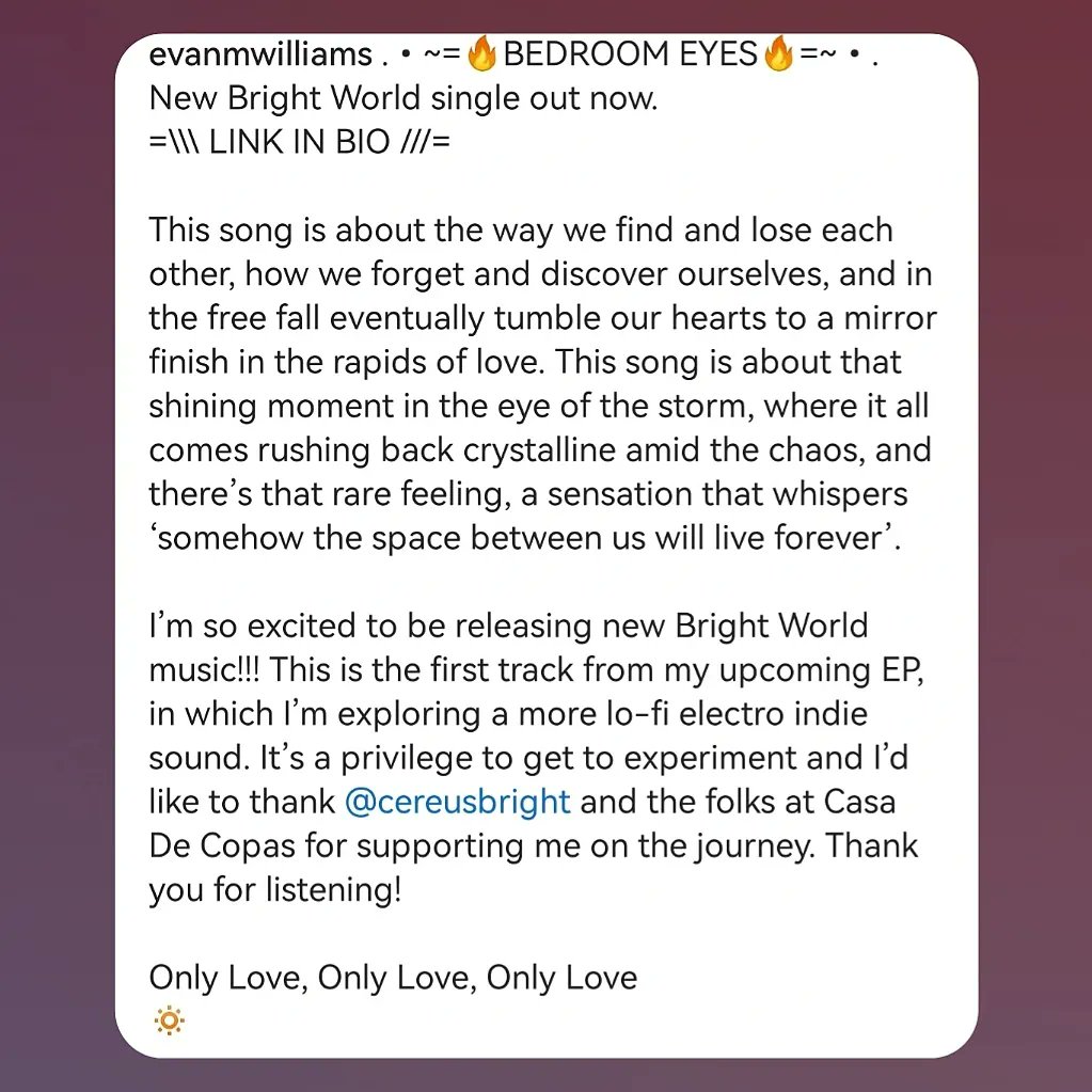 VannaiolaGabry's tweet photo. Experimental #music is the best and when it comes to #BrightWorldMusic it sure reaches a new level of magic.
Usual delicate mark and unique sound, vocals and visuals.
New EP on the way and new gem out now.
Listen wherever you can.
It sounds heavenly.
#EvanWilliams #BrightWorld https://t.co/wmCwH2v9Cb
