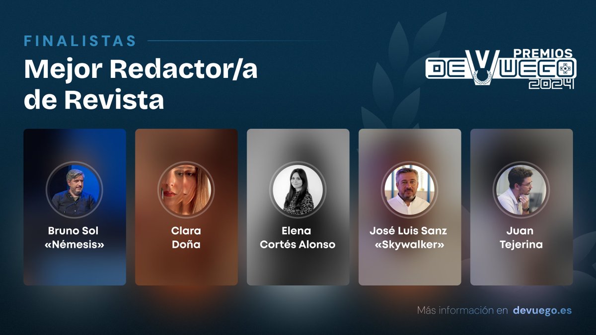 🏆 Finalistas #PremiosDeVuego2024

🏅 Mejor Redactor/a de Revista🏅

➡️ Bruno Sol <a href="/YeOldeNemesis/">Bruno Sol 🌴🚗🌴 (Team Kafka)</a> 
➡️ Clara Doña <a href="/laclaradi/">Clara Doña (en Bluesky)</a> 
➡️ Elena Cortés <a href="/pieldelibelula/">Elena C. Alonso ⚫ ➡️ @pieldelibelula.bsky.social</a> 
➡️ José L. Sanz <a href="/jlsanzf/">José Luis Sanz</a> 
➡️ Juan Tejerina <a href="/jtvillamuera/">Juan Tejerina</a> 

dvgo.es/premios2024
