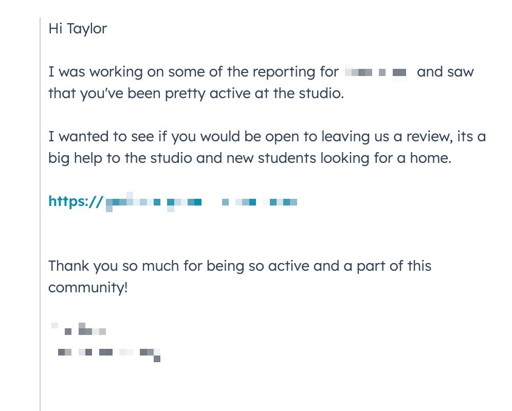 smbjosh_'s tweet image. Here’s a small business marketing trick for you: 

Every Monday, we have a script that identifies customers who purchase fairly regularly and sends them this email. 

Guaranteed 5 star review. If they’re coming back often, they must like what you’re doing.

This is much better…