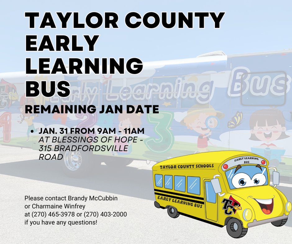 TC_Schools_KY's tweet image. 𝐑𝐄𝐌𝐈𝐍𝐃𝐄𝐑: The Early Learning Bus will be set up at Blessings of Hope on Bradfordsville Road today from 9:00 - 11:00 AM!

#tcpride #tccares #EarlyLearningBus #TCFRC