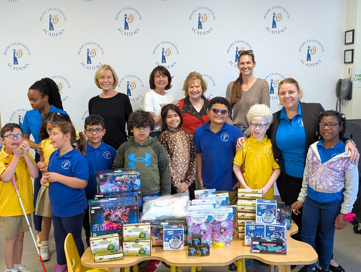 Miamilighthouse's tweet photo. #GratitudePost | Thank you to the Miami Alumnae Chapter of Delta Gamma for bringing school supplies and toys to our Miami Lighthouse Academy students! 🧸🪀✏️

Together, we prove it's possible to see without sight! 💙🕶️🦯 #MiamiLighthouse #ThankYou @deltagamma  

Pictured, are Julia Parker, Bonnie Seipp, and Amber Seidle Lazo smiling for the camera with Miami Lighthouse Academy students, educators, and CEO Virginia Jacko.

#MiamiLeaders #CommunityLeaders #NonProfits #SupportKids #SupporttheBlind #SupportNonProfits #MiamiNonProfit #MiamiSchools #MiamiLighthouseAcademy
