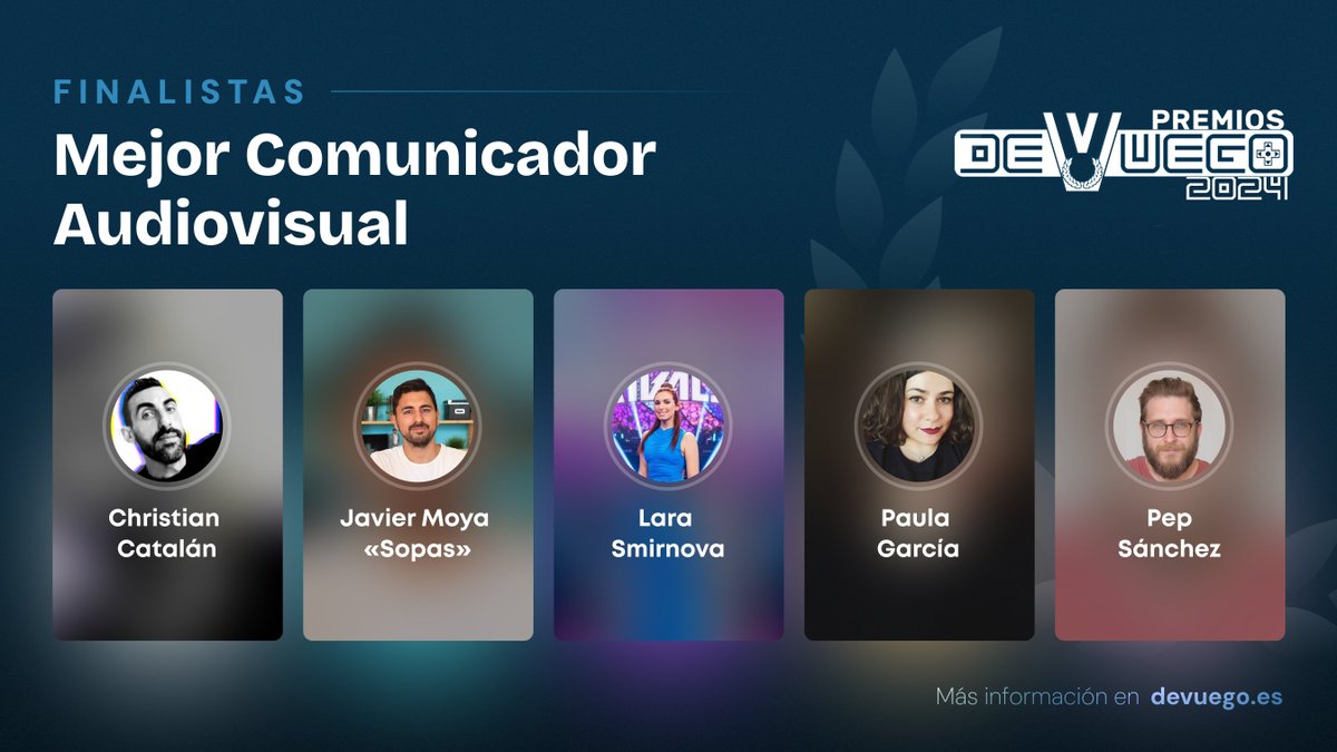 🏆 Finalistas #PremiosDeVuego2024

🏅 Mejor Comunicador/a Audiovisual🏅

➡️ Christian Catalán <a href="/_GameBack/">Game Back</a> 
➡️ Javier Moya <a href="/javisoap/">Javier Moya</a> 
➡️ Lara Smirnova <a href="/LaraSmirnova_/">Lara Smirnova</a> 
➡️ Paula García <a href="/cecilos/">Pauloma</a> 
➡️ Pep Sánchez <a href="/pepsanchez/">Pep Sànchez</a> 

dvgo.es/premios2024