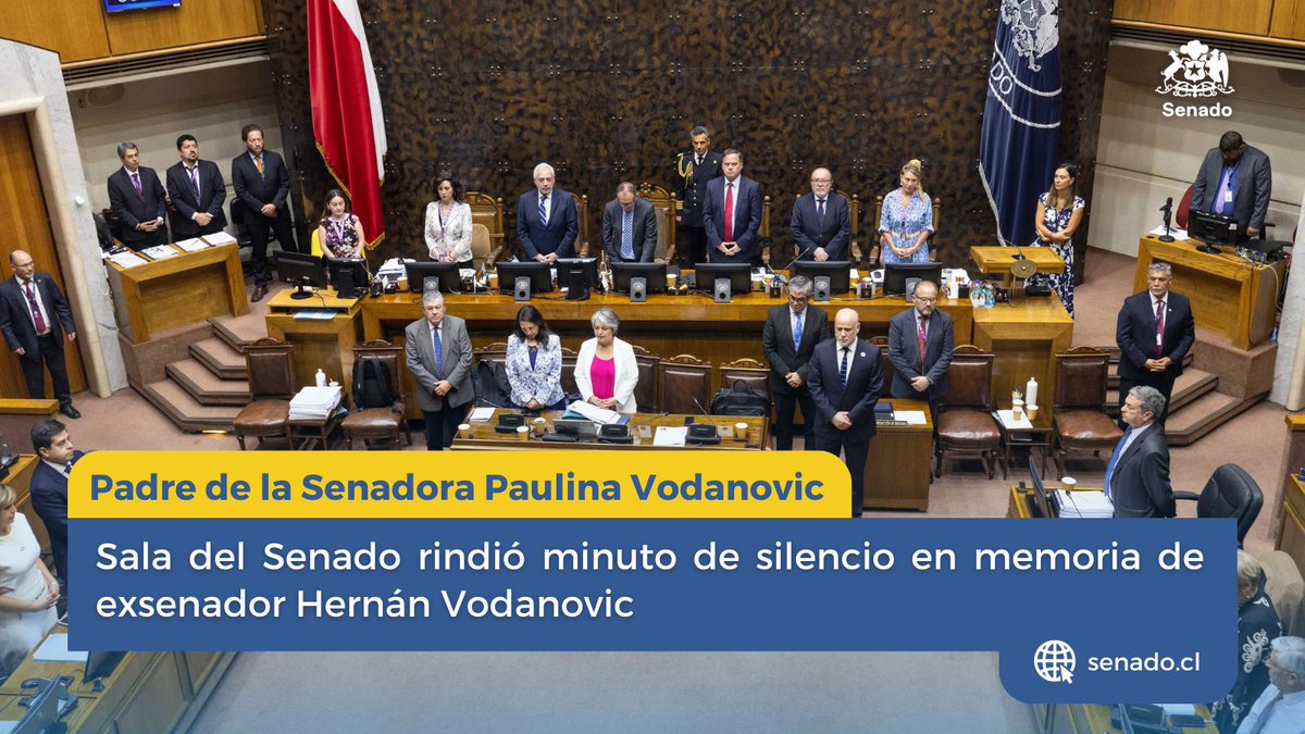 Senado_Chile's tweet photo. 📋Con un minuto de silencio, la Sala del Senado rindió homenaje en memoria del exsenador Hernán Vodanovic Schnake, abogado, académico y político del Partido Socialista de Chile, padre de la actual senadora Paulina Vodanovic Rojas.
▶️

https://t.co/8ko0tDCSBD https://t.co/CX3Z8avKB7