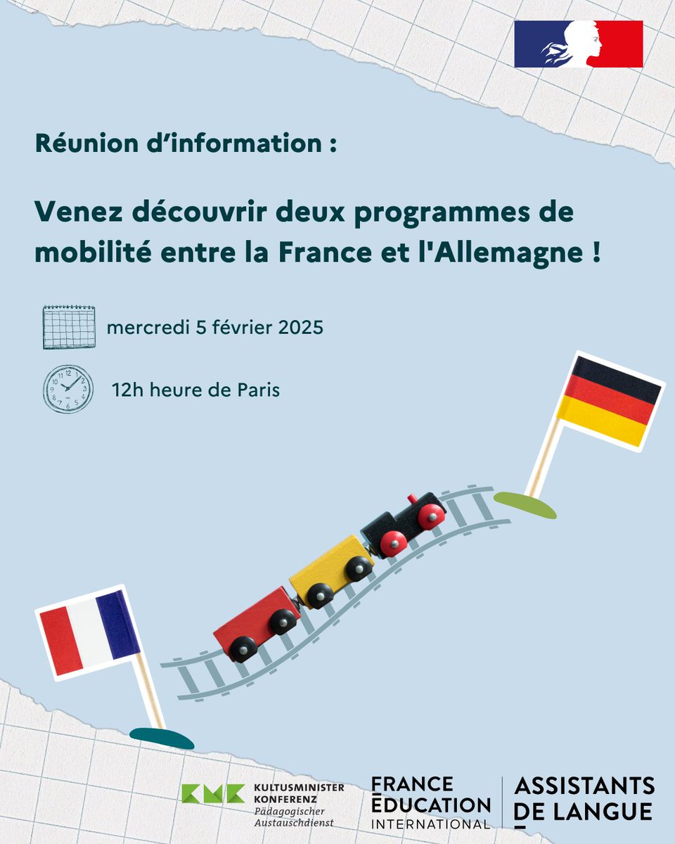 Assistants de langue (@fei_assistants) on Twitter photo 🇫🇷🇩🇪 <a href="/FEI_sevres/">France Éducation international</a> et @kmkpad vous invitent à une réunion pour vous parler de deux programmes de mobilité entre la France et l’Allemagne !
🕦 Mercredi 5 février, 12h heure de Paris
👉 Lien d'inscriptions : bit.ly/4jyK8RX 🇫🇷🇩🇪 <a href="/FEI_sevres/">France Éducation international</a> et @kmkpad vous invitent à une réunion pour vous parler de deux programmes de mobilité entre la France et l’Allemagne !
🕦 Mercredi 5 février, 12h heure de Paris
👉 Lien d'inscriptions : bit.ly/4jyK8RX