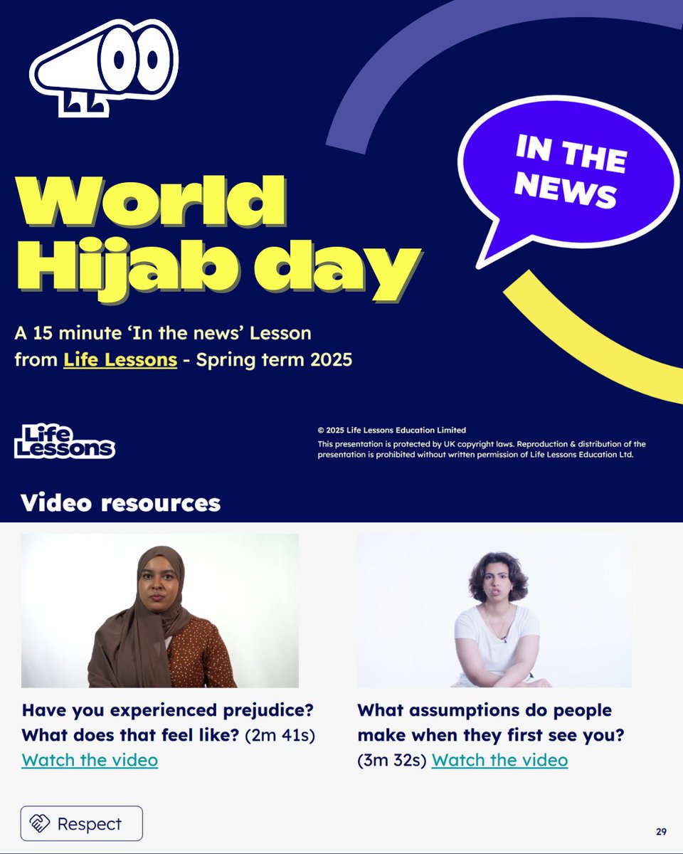 Life Lessons (@lifelessonsrse) on Twitter photo World Hijab Day takes place on the 1st of Feb 💫
We worked closely with Rahima Malik, who requested an "In the News" lesson, to ensure it would be accurate and culturally sensitive.
We thank her for her expert insight into this valuable lesson
<a href="/BAMEedBristol/">BristolSW_BAMEed</a> @BAMEed <a href="/HreodNova/">Nova Hreod SuperNova</a> World Hijab Day takes place on the 1st of Feb 💫
We worked closely with Rahima Malik, who requested an "In the News" lesson, to ensure it would be accurate and culturally sensitive.
We thank her for her expert insight into this valuable lesson
<a href="/BAMEedBristol/">BristolSW_BAMEed</a> @BAMEed <a href="/HreodNova/">Nova Hreod SuperNova</a>