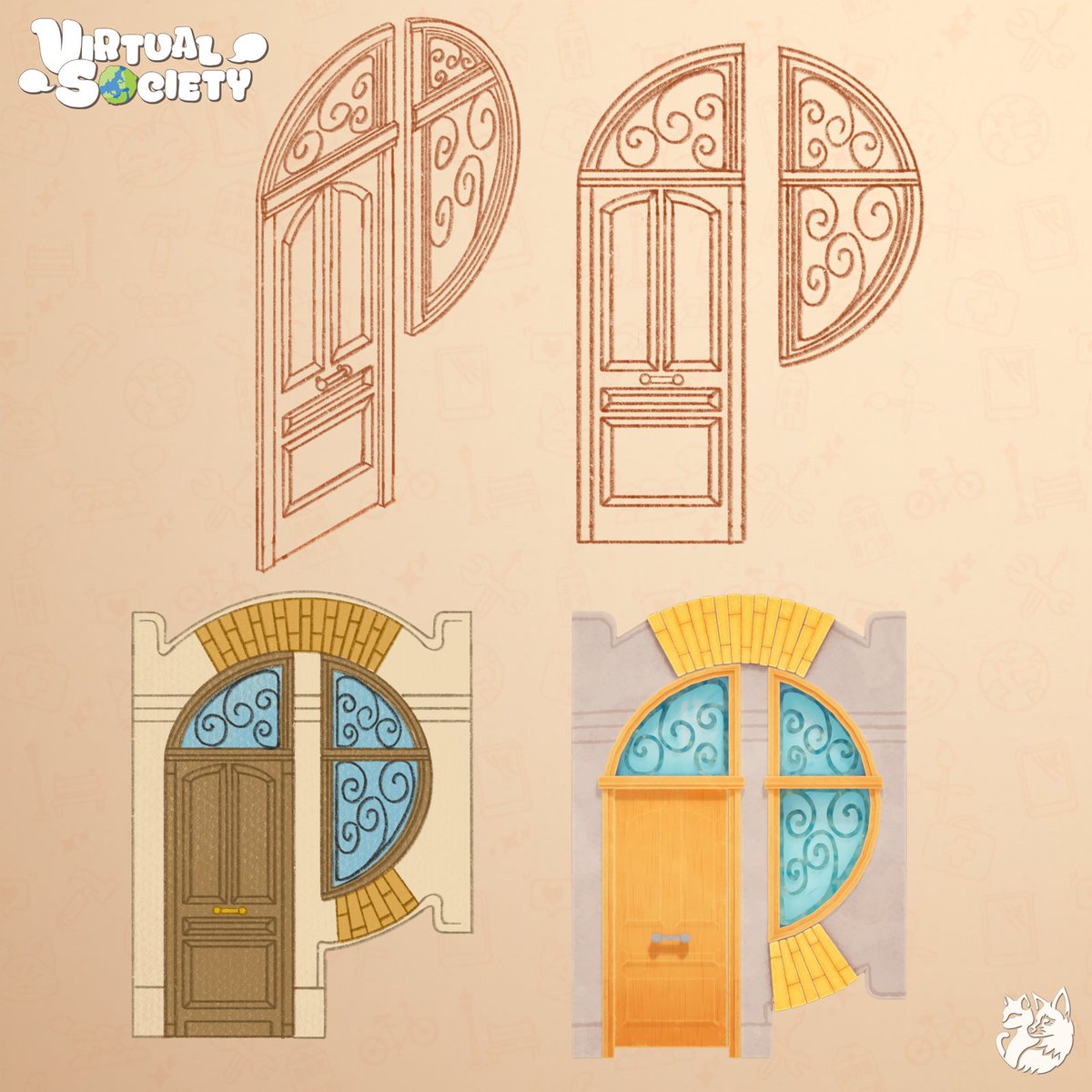 From Sketch to Style! Take a look at this stunning door design in VirtualSociety!  From elegant concept art, to vibrant in-game models, this door is ready to welcome creativity into your virtual world! ✨