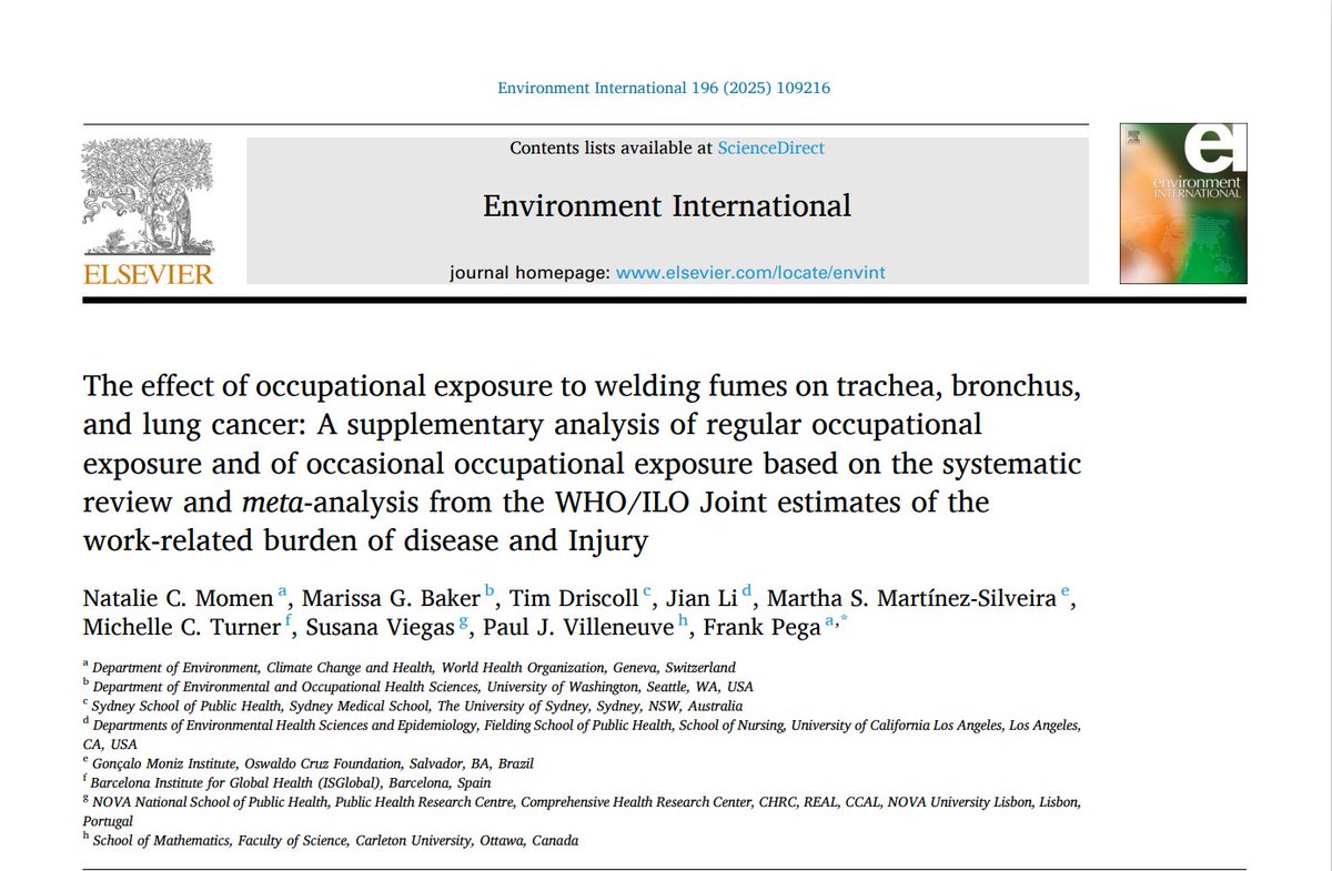 Dr Frank Pega (@frank_pega) on Twitter photo NEW <a href="/WHO/">World Health Organization (WHO)</a>/<a href="/ilo/">International Labour Organization</a> systematic review & meta-analysis
Sufficient evidence that exposure to welding fumes at work increases risk of trachea, bronchus, lung cancer
🔵occasional exposure ↗️16%
🔵regular exposure ↗️39%
Thanks to experts from 🇦🇺🇨🇦🇪🇸🇺🇿🇨🇭🇨🇳🇺🇸🇳🇬🇵🇹🇧🇷
bit.ly/40uRZYc NEW <a href="/WHO/">World Health Organization (WHO)</a>/<a href="/ilo/">International Labour Organization</a> systematic review & meta-analysis
Sufficient evidence that exposure to welding fumes at work increases risk of trachea, bronchus, lung cancer
🔵occasional exposure ↗️16%
🔵regular exposure ↗️39%
Thanks to experts from 🇦🇺🇨🇦🇪🇸🇺🇿🇨🇭🇨🇳🇺🇸🇳🇬🇵🇹🇧🇷
bit.ly/40uRZYc