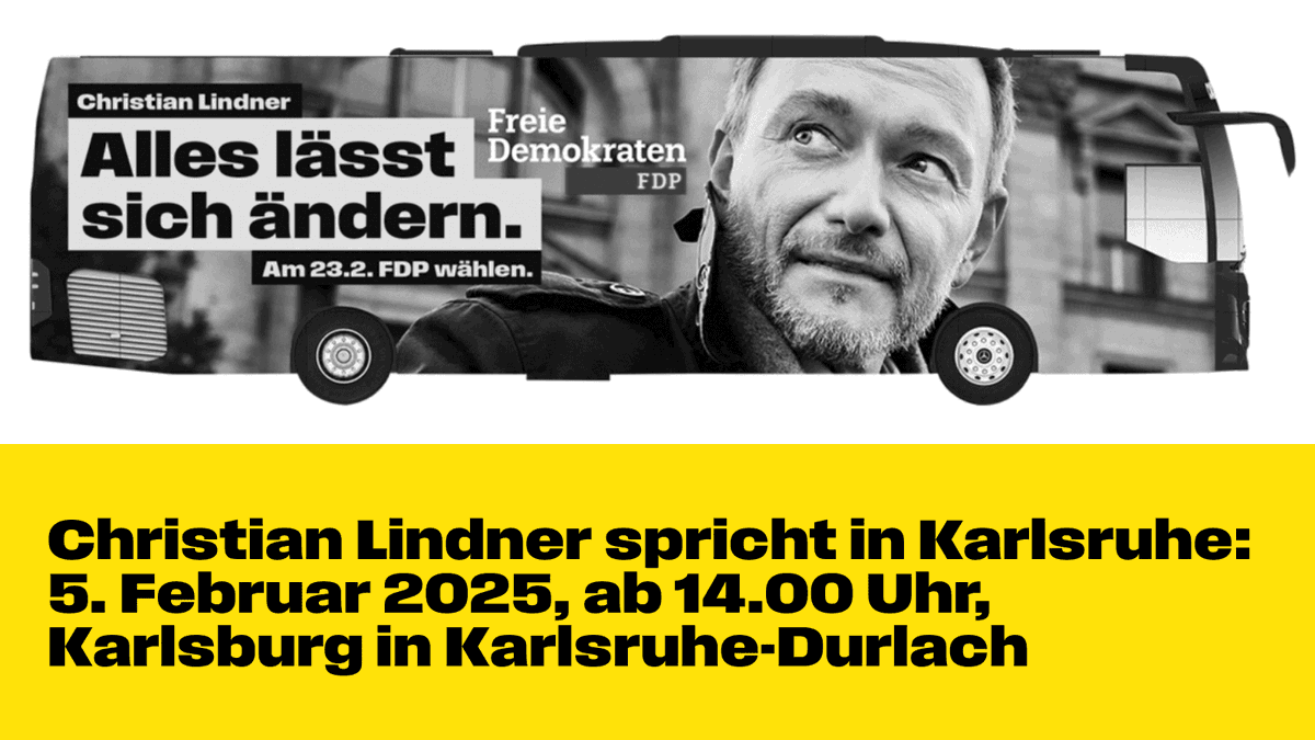 FDP KA-Land (@fdp_ka_land) on Twitter photo Christian Lindner spricht in Karlsruhe: 5. Februar 2025 (Mittwoch), ab 14.00 Uhr, Karlsburg in Karlsruhe-Durlach. Einlass ist ab 13.00 Uhr. Wir freuen uns auf viele Gäste!
#fdp #jetztfdp #karlsruhe #durlach #landkreiskarlsruhe <a href="/c_lindner/">Christian Lindner</a> Christian Lindner spricht in Karlsruhe: 5. Februar 2025 (Mittwoch), ab 14.00 Uhr, Karlsburg in Karlsruhe-Durlach. Einlass ist ab 13.00 Uhr. Wir freuen uns auf viele Gäste!
#fdp #jetztfdp #karlsruhe #durlach #landkreiskarlsruhe <a href="/c_lindner/">Christian Lindner</a>