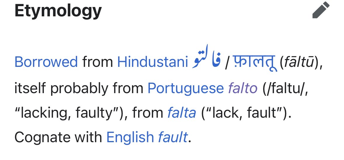 appadappajappa's tweet photo. I was today years old when I found out the word faltu / फालतू comes from Portuguese! 🤯 https://t.co/EbWIvhJ5Ds