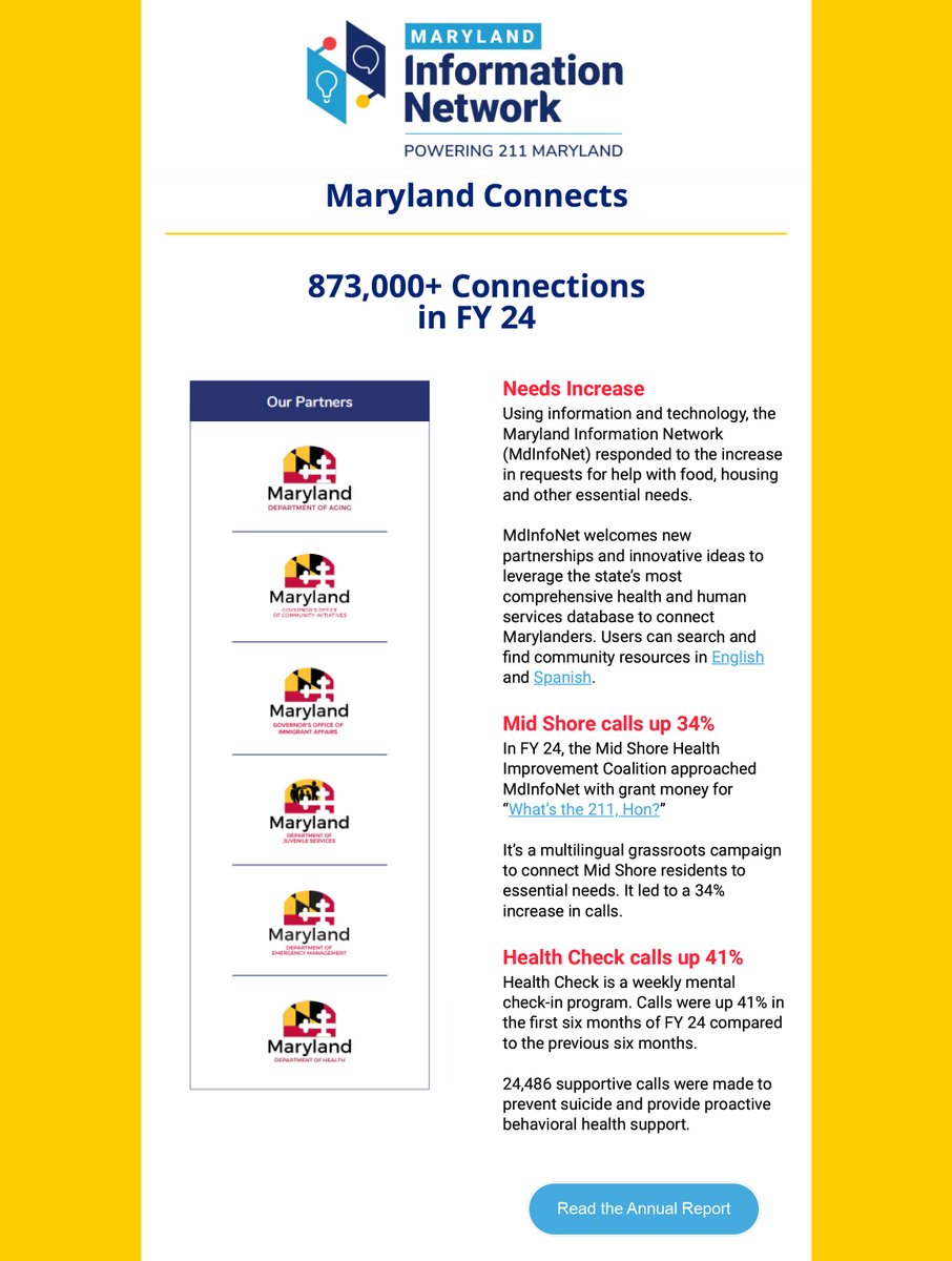 211Maryland's tweet image. With an increase in requests for help with food, housing and other essential needs, we welcome new partnerships that leverage the Maryland Information Network's information and technology. Learn about our partnerships in Maryland Connects: mailchi.mp/211md/connecti… #nonprofit