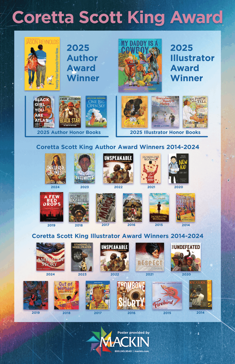 MackinLibrary's tweet photo. Decorate your #library and #classroom with Mackin's free posters celebrating Coretta Scott King, Pura Belpré, Michael L. Printz, and Caldecott &amp; Newbery award-winning titles and honorees! 📚🏅 #ALAyma

Download: https://t.co/oME47p4i1Y
Order These Titles: https://t.co/43sRSsapif https://t.co/Z8ozsKNL4G
