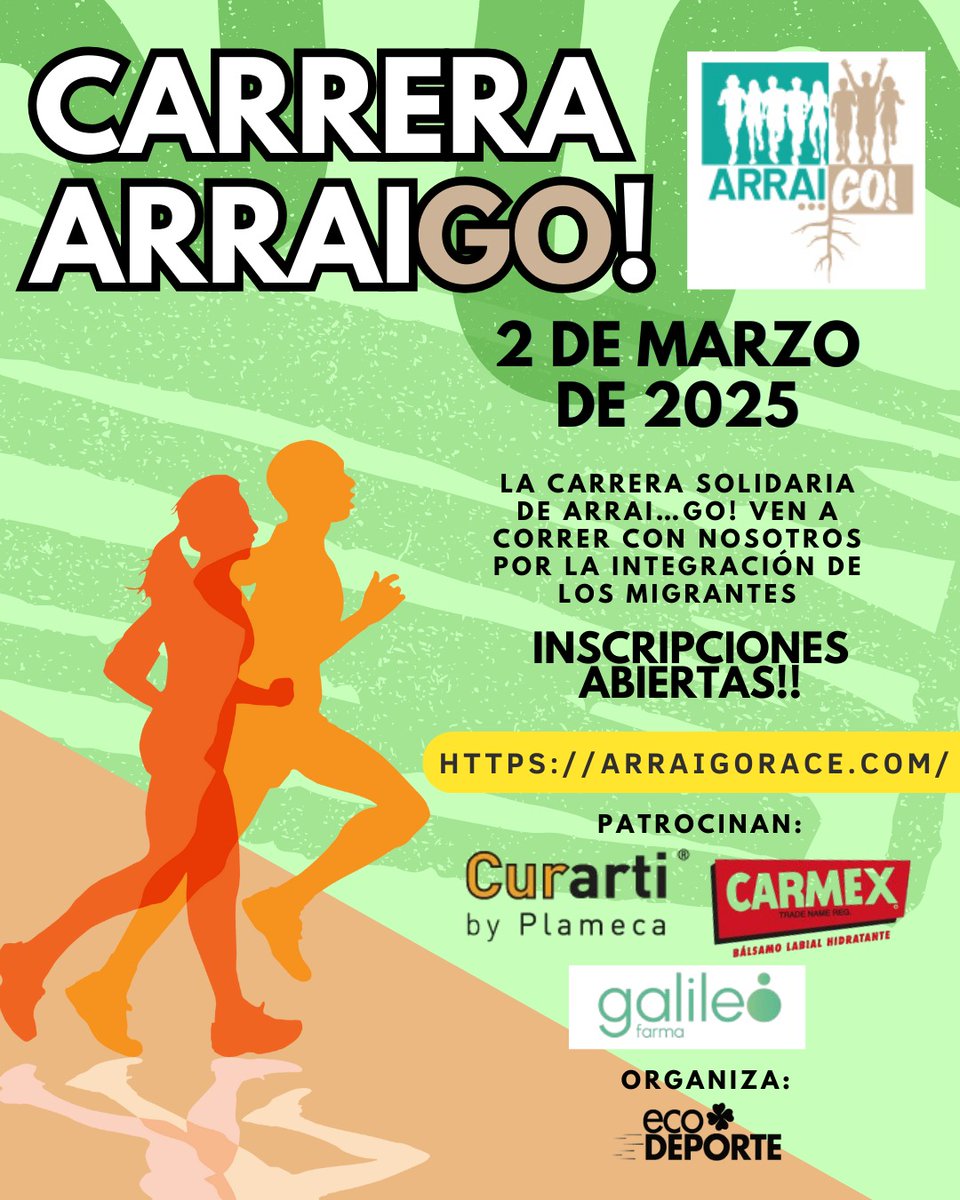 Inscripciones abiertas 👏🏻🏃🏻‍♀️Carrera solidaria por la integración de los migrantes 

Apúntate en ➡️ARRAIGORACE.COM

#carrera #carreraarraigo #ecodeporte #deporte #madrid #arraigo