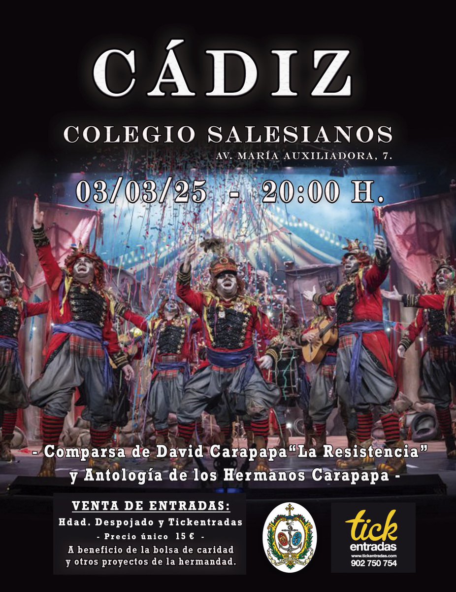 La Comparsa De David Carapapa (@cdavidcarapapa) on Twitter photo ๐๏ธ๐ญ | ยกยกPrimera fecha Cรกdiz!!Disfruta de โLa Resistenciaโ y Antologรญa de los Carapapas:
๐๏ธ 03.03.25
๐Colegio Salesianos (Cรกdiz)
โฐ 20:00h
๐ซ tickentradas.com/eventos/comparโฆ y Hdad. Del Despojado
#๐๐๐๐๐ฌ๐ข๐ฌ๐ญ๐๐ง๐๐ข๐ #๐๐๐๐ฏ๐ข๐๐๐๐ซ๐๐ฉ๐๐ฉ๐ #๐๐จ๐๐๐๐ ๐๏ธ๐ญ | ยกยกPrimera fecha Cรกdiz!!Disfruta de โLa Resistenciaโ y Antologรญa de los Carapapas:
๐๏ธ 03.03.25
๐Colegio Salesianos (Cรกdiz)
โฐ 20:00h
๐ซ tickentradas.com/eventos/comparโฆ y Hdad. Del Despojado
#๐๐๐๐๐ฌ๐ข๐ฌ๐ญ๐๐ง๐๐ข๐ #๐๐๐๐ฏ๐ข๐๐๐๐ซ๐๐ฉ๐๐ฉ๐ #๐๐จ๐๐๐๐