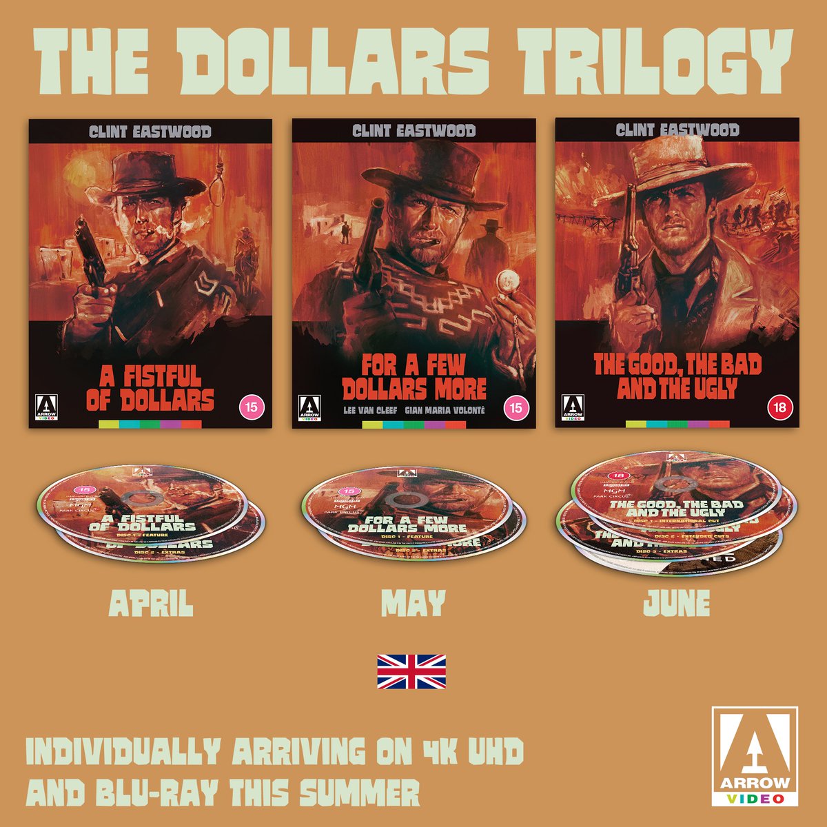 ArrowFilmsVideo's tweet image. NEW UK TITLES: The Dollars Trilogy (Limited Edition Blu-ray): bit.ly/3PUcHMa

Sergio Leone’s groundbreaking Spaghetti Western trilogy arrives in three individual releases in glorious 4K restorations from original Techniscope negatives. The Man with No Name rides again!