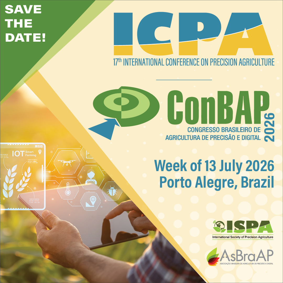 IntSoPA's tweet image. Join us the week of 13 July 2026 for the 17th International Conference on Precision Agriculture (17th ICPA) and the 11th Brazilian Congress on Precision Agriculture (11th ConBAP) in Porto Alegre, Brazil. Follow ISPA to receive conference updates.
ispag.org/icpa