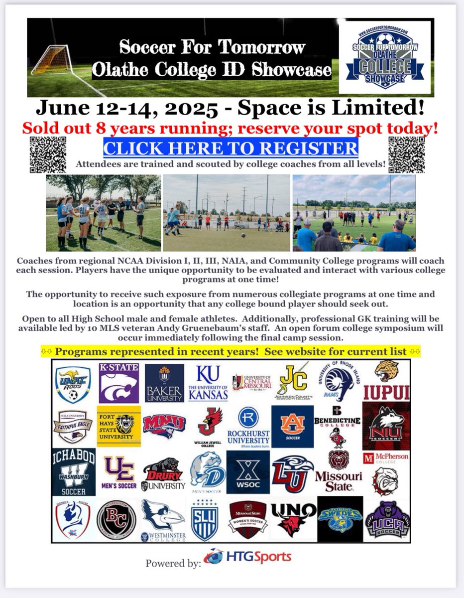 SFT Olathe ID Showcase (@soccer4tomorrow) on Twitter photo Our list of programs attending continues to grow. Over 40 already! Recently registered includes: <a href="/KCRoosWSoccer/">Kansas City Women's Soccer</a> <a href="/gorillassoccer/">Pitt State Women's Soccer</a> <a href="/rsuwsoccer/">RSU Women's Soccer</a> <a href="/lumo_wsoc/">LUMO Women's Soccer</a> <a href="/UCM_Soccer/">Jennies Soccer</a> <a href="/JewellSoccer/">William Jewell Women's Soccer</a> <a href="/FHSU_WSoccer/">FHSU Women's Soccer</a> <a href="/jccc_soccer/">JCCC women’s soccer</a> <a href="/ACCC_woso/">Allen Womens Soccer</a> <a href="/OttawaMSoccer/">Ottawa Men’s Soccer</a> <a href="/lumo_msoc/">LUMO Men's Soccer</a> <a href="/KCCFalcons/">KCC Falcons</a> soccerfortomorrow.com Our list of programs attending continues to grow. Over 40 already! Recently registered includes: <a href="/KCRoosWSoccer/">Kansas City Women's Soccer</a> <a href="/gorillassoccer/">Pitt State Women's Soccer</a> <a href="/rsuwsoccer/">RSU Women's Soccer</a> <a href="/lumo_wsoc/">LUMO Women's Soccer</a> <a href="/UCM_Soccer/">Jennies Soccer</a> <a href="/JewellSoccer/">William Jewell Women's Soccer</a> <a href="/FHSU_WSoccer/">FHSU Women's Soccer</a> <a href="/jccc_soccer/">JCCC women’s soccer</a> <a href="/ACCC_woso/">Allen Womens Soccer</a> <a href="/OttawaMSoccer/">Ottawa Men’s Soccer</a> <a href="/lumo_msoc/">LUMO Men's Soccer</a> <a href="/KCCFalcons/">KCC Falcons</a> soccerfortomorrow.com