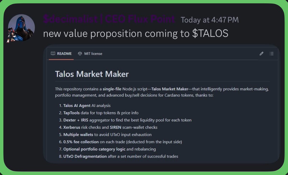 $TALOS will provide a number of services, creating revenue + driving value to the token.

right now projects pay thousands each month for market making firms…

i bet <a href="/TalosAgent/">TalosTesting</a> can do it cheaper 😉