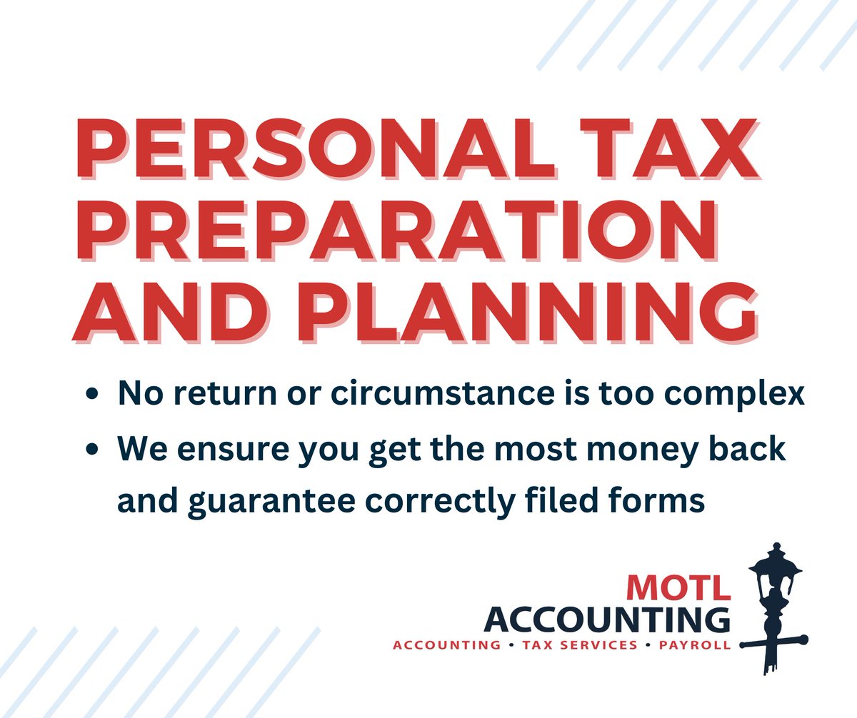 Whether you’re single or married, have children or dependents, have one stream of income or have several W2s or 1099s, we can assist.

Contact us today and forget the stress of tax season for good! motlaccounting.com
