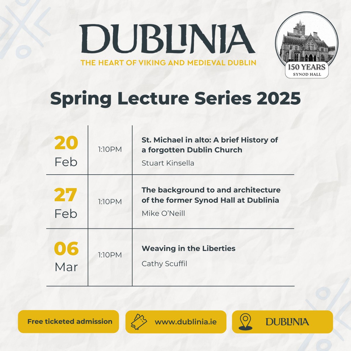 We are continuing our seasonal lecture series, and this Spring, we invite you to mark a special milestone in the history of our iconic building with a series of engaging lectures exploring 150 years of transformation, community, and heritage. Book now at eventbrite.ie/e/dublinia-spr…