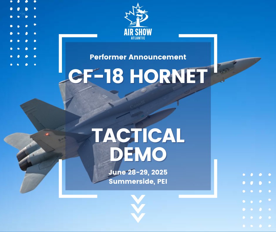 Major Performer Announcement: CF-18 Hornet Tactical Demonstration. 🚨🚨🚨

Air Show Atlantic is grateful to be 1 of 5 shows in North America where the Royal Canadian Air Force will put on a tactical demonstration of our CF-18 Hornet.

We'd like to thank the RCAF and 1 Canadian