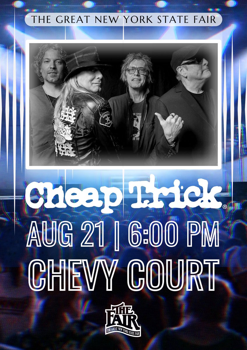 ‼️ CONCERT ANNOUNCEMENT ‼️

Cheap Trick is bringing their timeless hits to The New York State Fair, August 21 at 6 PM on the Chevy Court Stage. 🤘🎡

Get ready to rock and roll with the legends themselves - we can’t wait to see you there!