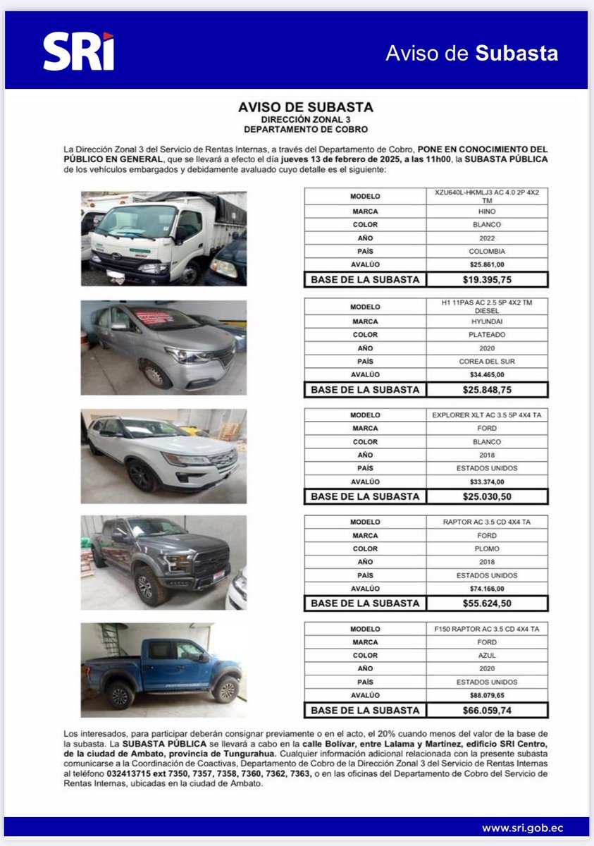 VeronicaDavilaV's tweet photo. ¡Subasta pública en #Ambato!

Te invitamos a conocer los 9 vehículos 🚗que estarán disponibles en la próxima subasta pública. 

🏢Oficinas SRI: calle Bolívar 15-60 entre Lalama y Martínez.
🗓️Jueves 13 y viernes 14 de febrero.
🕗11:00.

➡️Más información https://t.co/KrspRiGQpc https://t.co/TAvk0rWNh1
