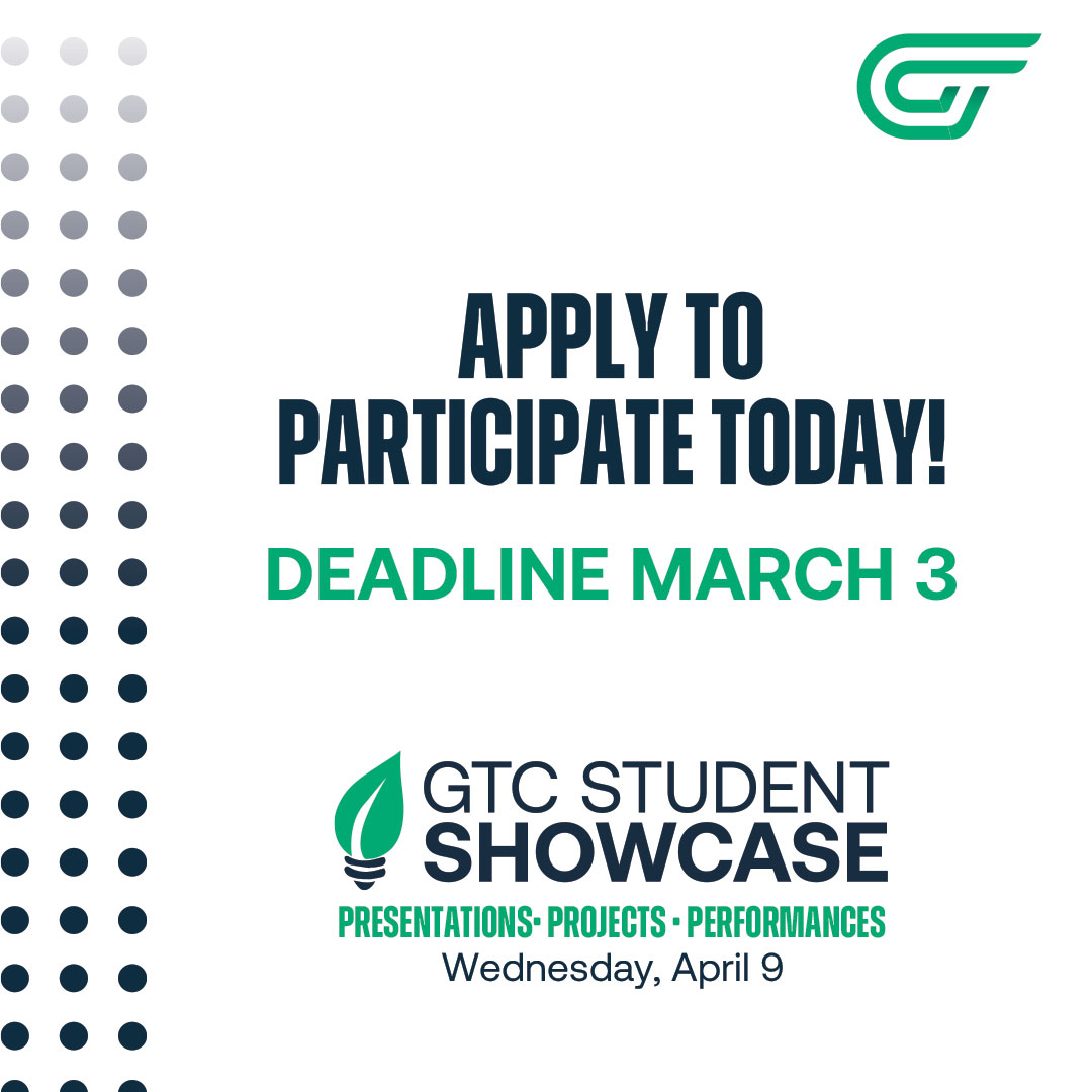 🎉✨ Calling all GTC students! This is your moment to shine. Whether it’s a class project, a personal passion or your proudest accomplishment, we want to see it!

🗓️ Deadline to apply: March 3
🌐 Apply now: gvltec.edu/showcase/

#GTCProud #StudentShowcase #GTCShin