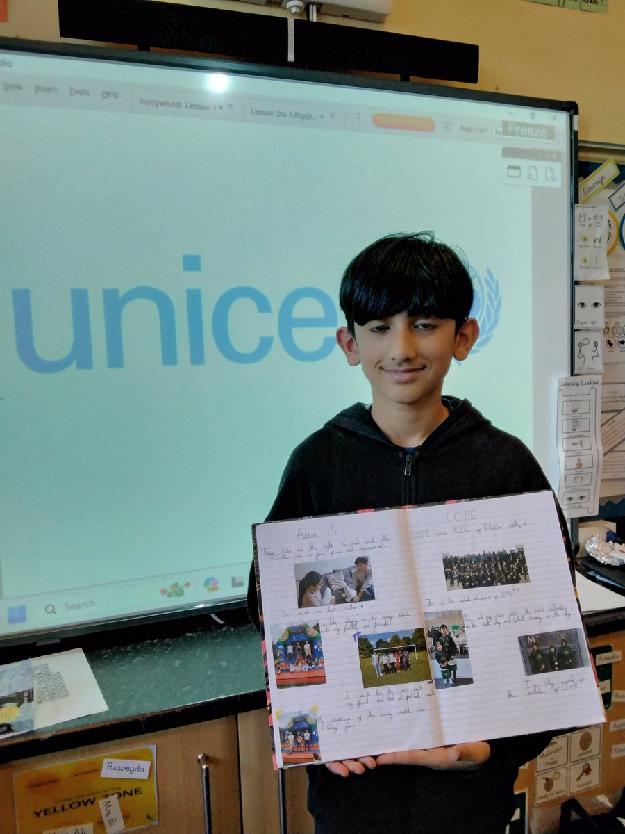 LeighPrimary's tweet photo. Wow! Look at our super star in 6A!
Musa was chosen to take Po, the polar bear, home last week to share with his family. He produced a wonderful double page spread with a focus on article 15. #Rightrespectingschools #article15 #settinggroups #joininggroups @UNICEF https://t.co/n98Fitdug9