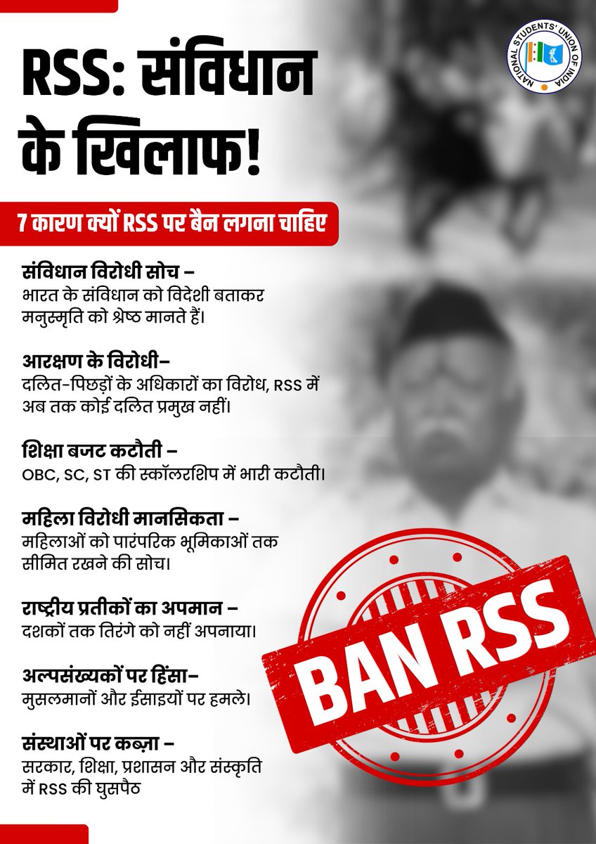 RSS देश के लोकतंत्र के लिए खतरा है। 

इतिहास गवाह है कि RSS ने हमेशा ही लोकतंत्र और संविधान का अपमान किया है। 

RSS समानता, न्याय और सद्भाव की विरोधी रही है। आज समय आ चुका है कि हम RSS की नफरती विचारधारा के खिलाफ मिलकर आवाज उठाएं।