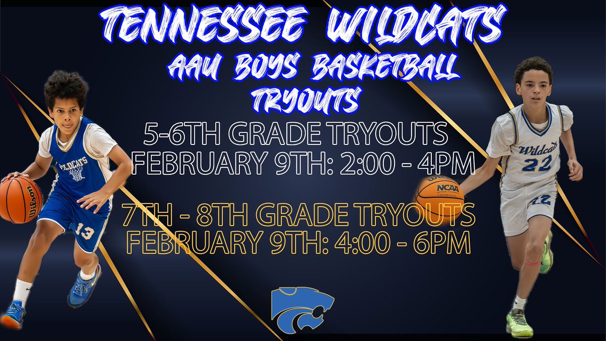 🚨AAU TRYOUTS🚨

The Tennessee Wildcats will be having tryouts for the upcoming AAU season‼️

🗓 February 9, 2025

⏰ 2-4:00pm 5-6th 

⏰ 4-6:00pm 7-8th 

📍Wilson Central High School Gym

If you have any questions please contact Coach Lawrence at +1 (615) 613-6568