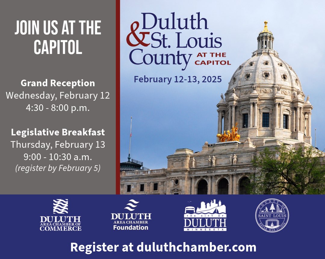 Two weeks away from Duluth &amp; St. Louis County at the Capitol Days! We’re expecting another record turnout both at the Grand Reception and Legislative Breakfast. Many lawmakers are already confirming their attendance. To learn more and register, visit: duluthchamber.com/dslc/
