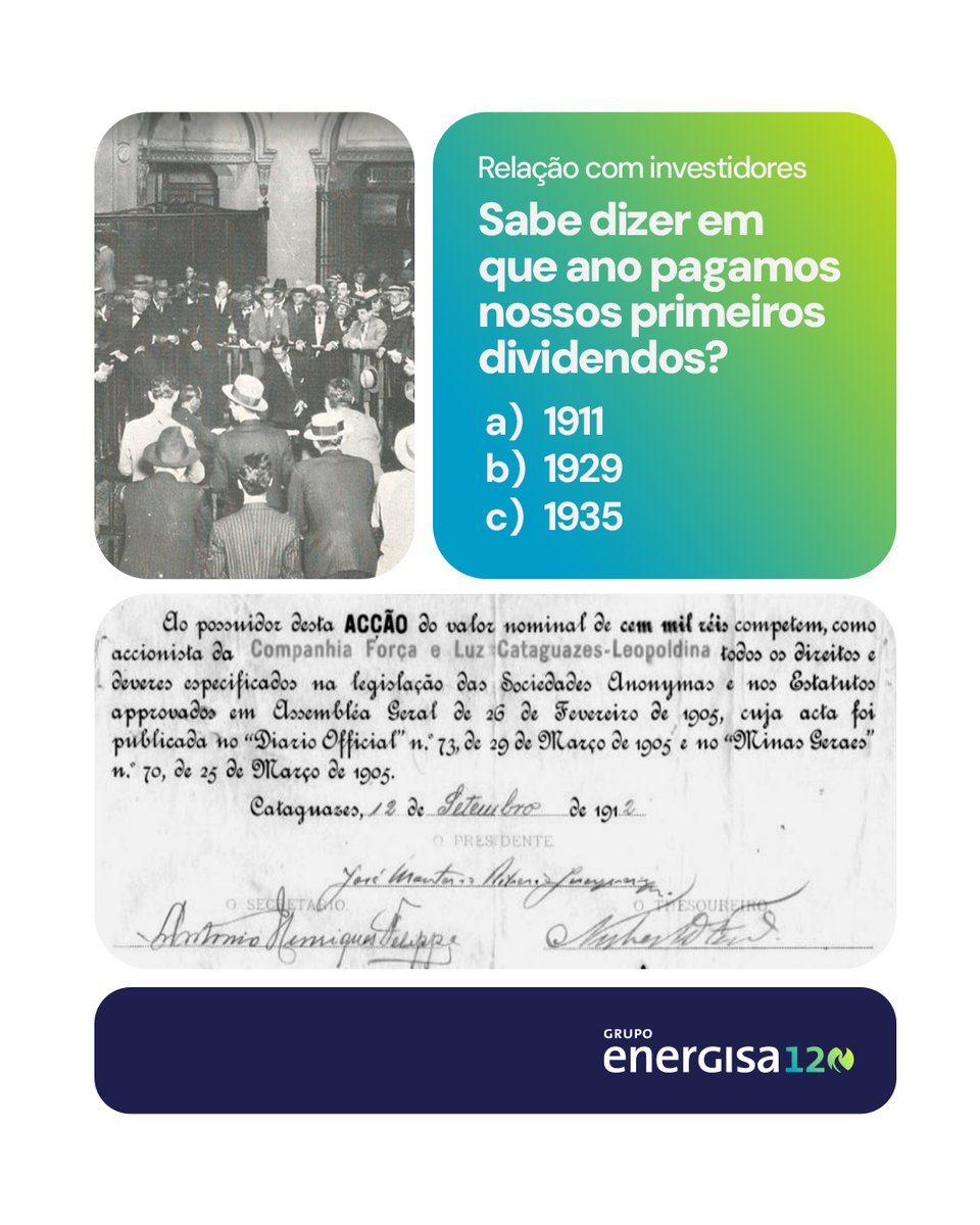 Faltam 2⃣6⃣ dias para os nossos 1⃣2⃣0⃣ anos! No #TBT de hoje, vamos falar de um compromisso que vem de longe: nossa tradição de distribuir dividendos aos acionistas. Isso começou há muuuuito tempo e, desde então, seguimos firmes, mantendo uma frequência que faz história!